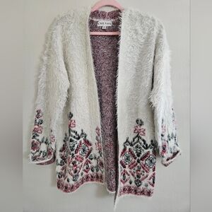 Knox Rose Knit Fuzzy Eyelash Open Cardigan Aztec Tribal Nordic Red Black Medium